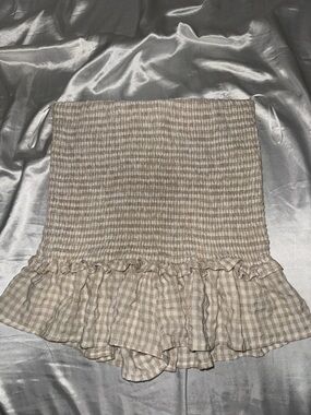 MARBLE Beige Gingham Smocked Ruffle Mini Skirt